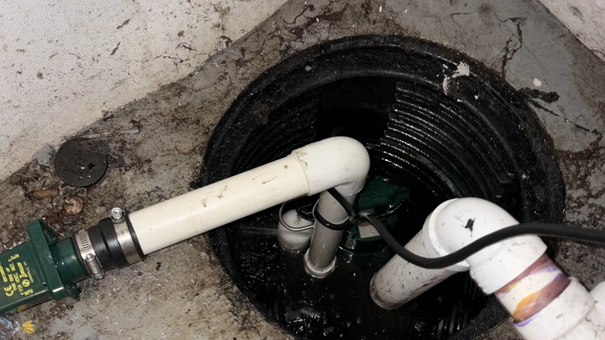 A sump pump installation with visible pipes and a discharge section in a wet basement area during sump pump installation and pressure reducing valve in Bedford.